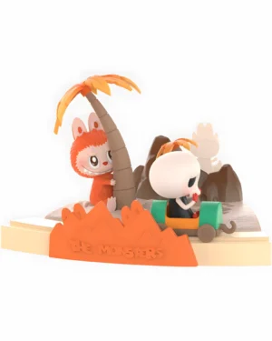 Sylatoys LABUBU This scene features two charming cartoon-like characters in a whimsical adventure. The first character, dressed in an orange monster costume with bunny ears, is playfully hugging a palm tree. The second character, with a skull-like head, is seated in a small green and yellow cart, adding a touch of quirky charm. The background showcases rocky terrain and a faint outline of another character, enhancing the adventurous atmosphere. The base includes an orange sign with the text "THE MONSTERS," emphasizing the unique and collectible nature of these figurines. This resin-crafted, hand-painted set is perfect for fans of anime, gaming, and pop culture, offering a nostalgic and interactive experience. Ideal for collectors, this limited-edition set brings a playful and imaginative touch to any display.