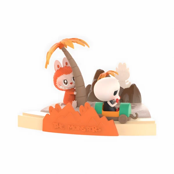 Sylatoys LABUBU This scene features two charming cartoon-like characters in a whimsical adventure. The first character, dressed in an orange monster costume with bunny ears, is playfully hugging a palm tree. The second character, with a skull-like head, is seated in a small green and yellow cart, adding a touch of quirky charm. The background showcases rocky terrain and a faint outline of another character, enhancing the adventurous atmosphere. The base includes an orange sign with the text "THE MONSTERS," emphasizing the unique and collectible nature of these figurines. This resin-crafted, hand-painted set is perfect for fans of anime, gaming, and pop culture, offering a nostalgic and interactive experience. Ideal for collectors, this limited-edition set brings a playful and imaginative touch to any display.