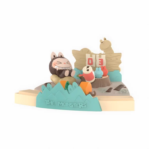 Sylatoys LABUBU This whimsical scene from 'THE MONSTERS' features a cheerful character with rabbit-like ears and a beard, sitting contentedly with closed eyes. In front of this character is a tree stump showcasing three colorful, smaller creatures, one of which holds a red and white object. A wooden sign displaying the number '03' stands behind the stump, topped by a frog-like figure. The base is adorned with a mountain range design and prominently features the text 'THE MONSTERS.' This hand-painted, resin-crafted scene is a perfect addition for collectors and fans of pop culture, offering a unique and imaginative display piece that brings joy and nostalgia to any collection.