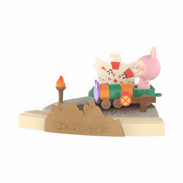 Sylatoys LABUBU This delightful set, created by Sylatoys, showcases a whimsical train ride scene from 'THE MONSTERS.' The colorful and playful design features a green and orange engine pulling a smiling pink creature with bunny-like ears in a small cart. The train travels on a rocky terrain track, enhanced by a torch with a flame and a sign labeled 'THE MONSTERS.' The background includes a mountain-like backdrop with a large wheel and gear-like objects, adding to the adventure theme. Handcrafted from high-quality resin, this hand-painted collectible is perfect for fans of pop culture, anime, and gaming. The unique blend of nostalgia and modern design makes this limited-edition set an ideal addition to any collection, bringing joy and imagination to your display.